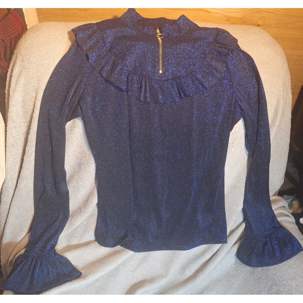 Women's Blue Glittery Long Sleeve Flair Cuffs Blouse Sz L